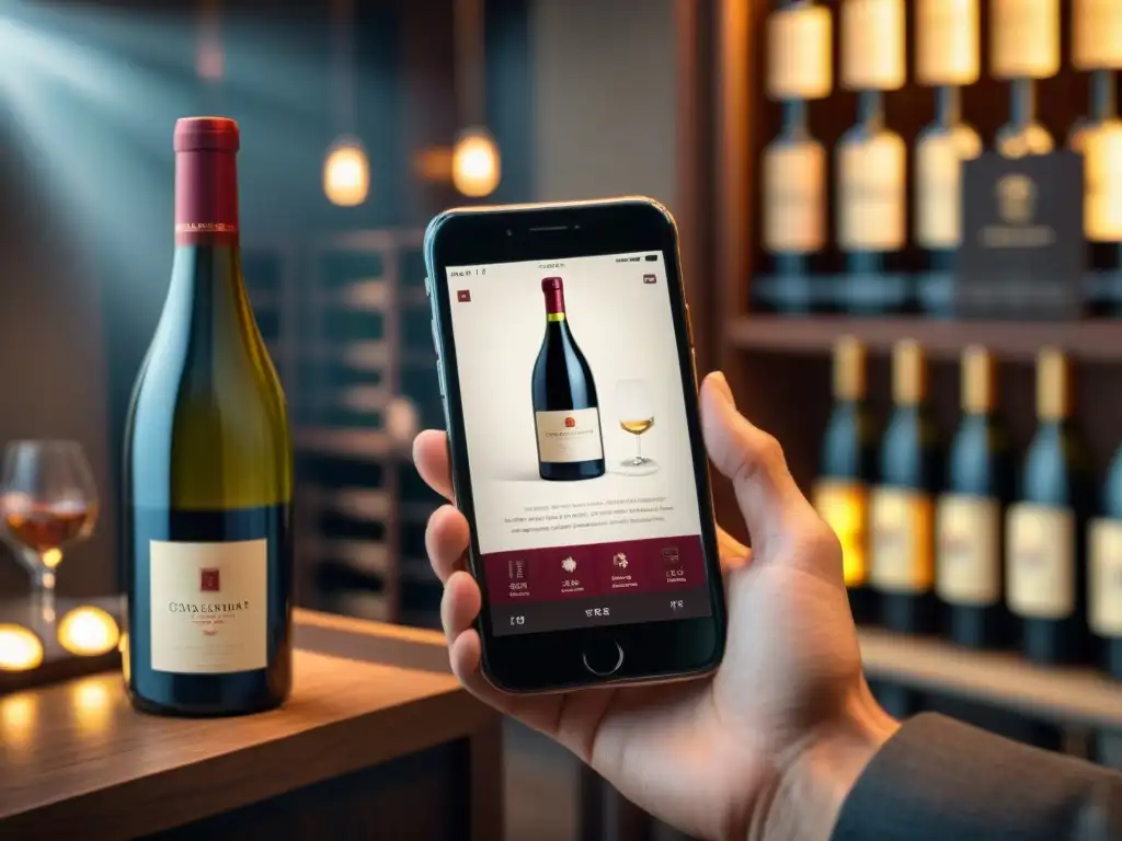 Interfaz de app de vinos sofisticada y lujosa con detalles de botellas y notas de cata, ambiente elegante