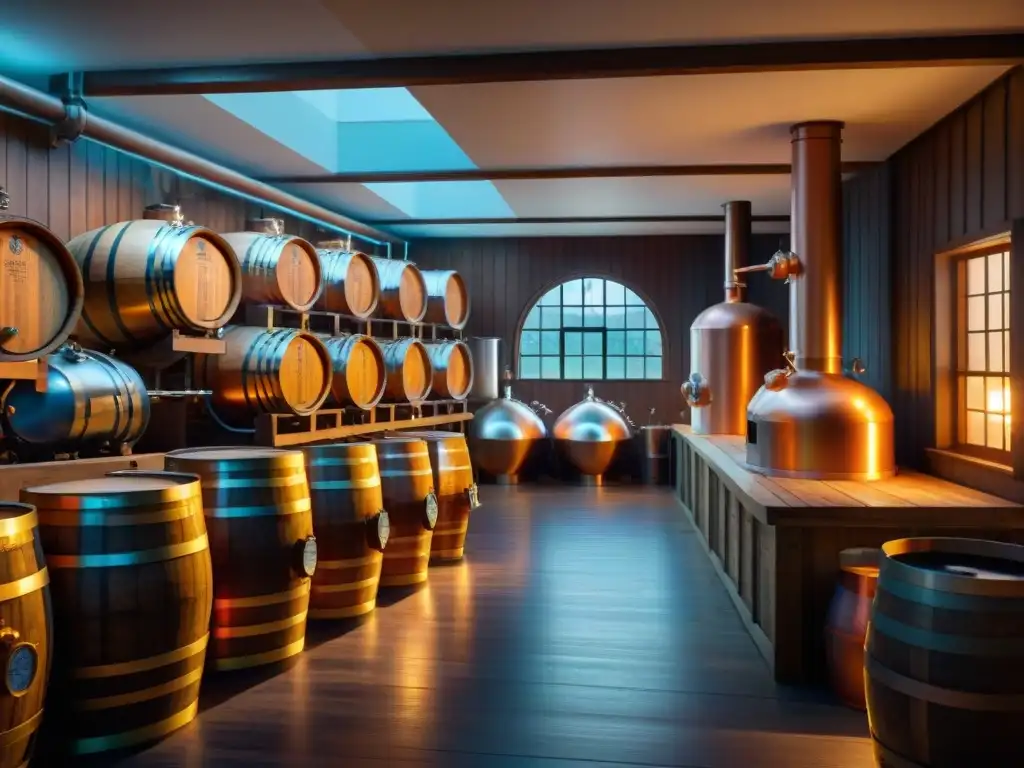 Interior detallado de destilería de whisky exclusiva, con alambiques de cobre relucientes, barricas de madera y sistemas de tuberías