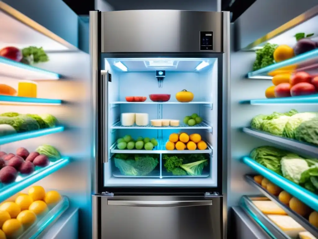 Interior de un refrigerador premium con ingredientes gourmet organizados y tecnología avanzada para preservar