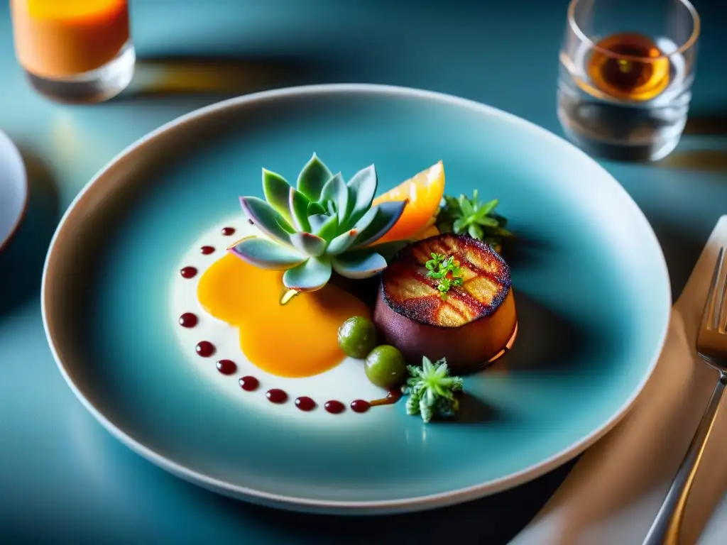 Una interpretación gourmet de clásicos culinarios, con colores vibrantes y detalles exquisitos en un plato elegante