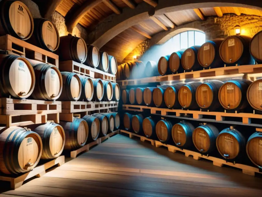 Un rincón íntimo y rústico, con barriles de vinagre balsámico gourmet envejeciendo, iluminado por una tenue luz ambiental