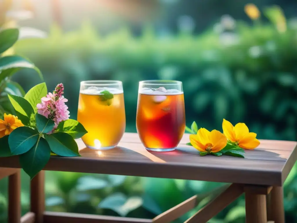 Una introducción fascinante al mundo Kombucha: jardín sereno con mesa para dos, copas de Kombucha y naturaleza exuberante