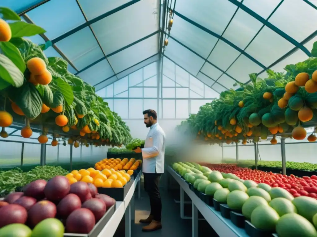 Un invernadero futurista y sostenible rebosante de frutas y verduras exóticas, con chefs y abejas