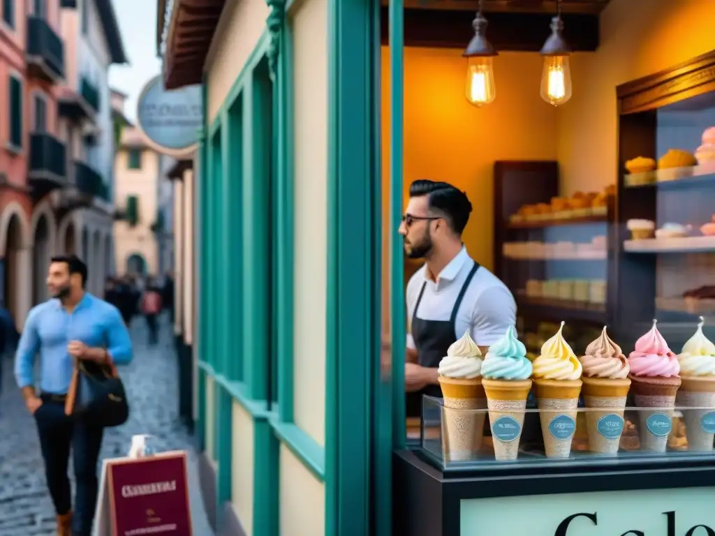 Un rincón italiano lleno de sabores y colores, con un maestro sorbetero creando delicias frente a clientes emocionados