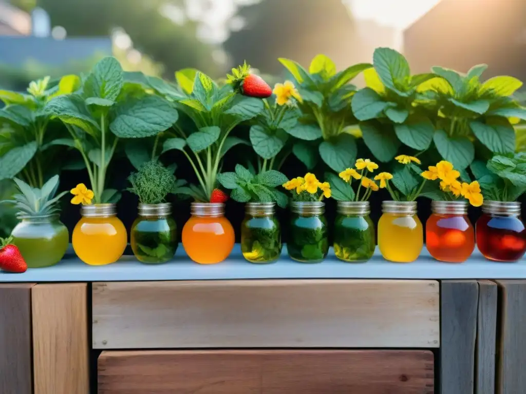 Un jardín de cocteles artesanales: flores coloridas, hierbas frescas y frutas maduras en atardecer sereno