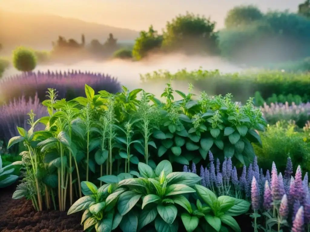 Un jardín de hierbas exuberante y vibrante al atardecer dorado, con aromáticas como albahaca, romero y lavanda