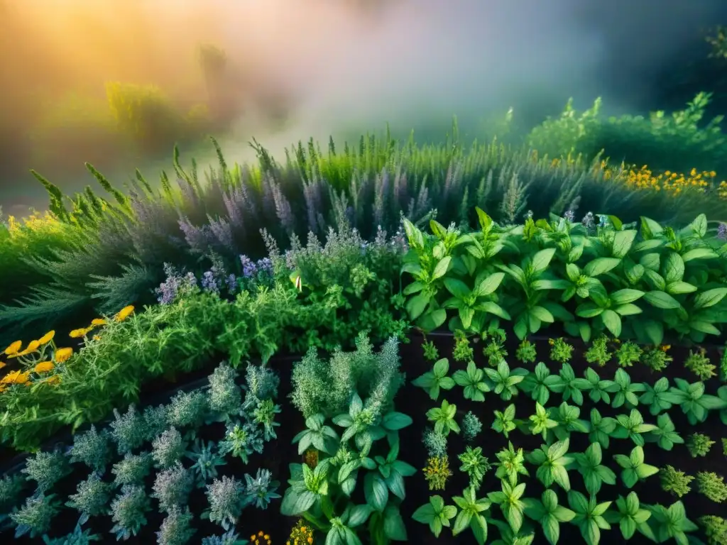 Un jardín de hierbas gourmet vibrante y exuberante, cultivar hierbas gourmet en casa, lleno de vida y frescura con plantas organizadas en hileras