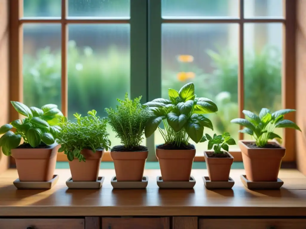 Un jardín de hierbas iluminado por el sol en una cocina, perfecto para cultivar hierbas gourmet en casa