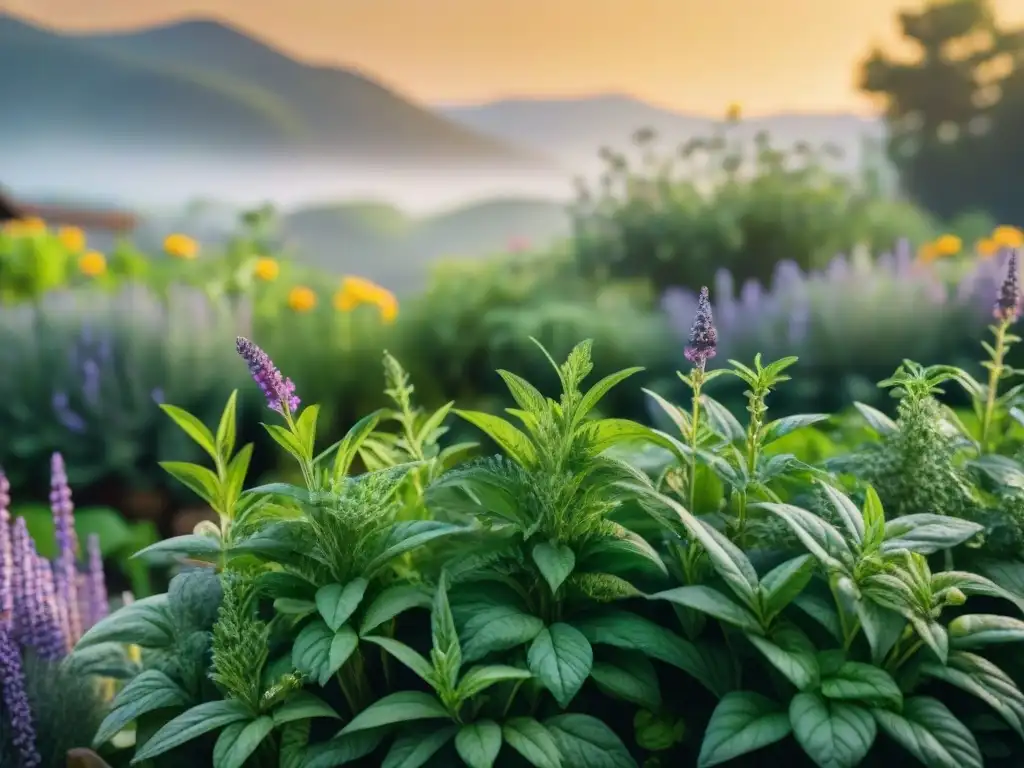 Un jardín de hierbas verde y exuberante bañado por la cálida luz dorada del sol