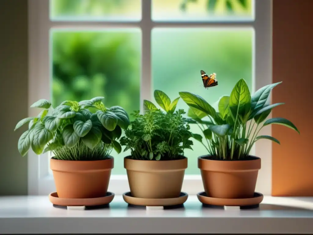 Un jardín de hierbas vibrante en terracota con basil, romero, tomillo, menta y cilantro