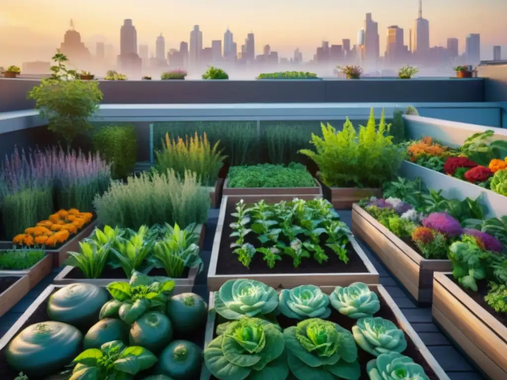 Un jardín de huerto urbano gourmet en una azotea moderna con vegetales y hierbas coloridas, en la Revolución verde huertos urbanos gourmet