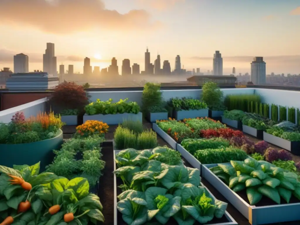 Un jardín urbano lleno de vida y color al atardecer