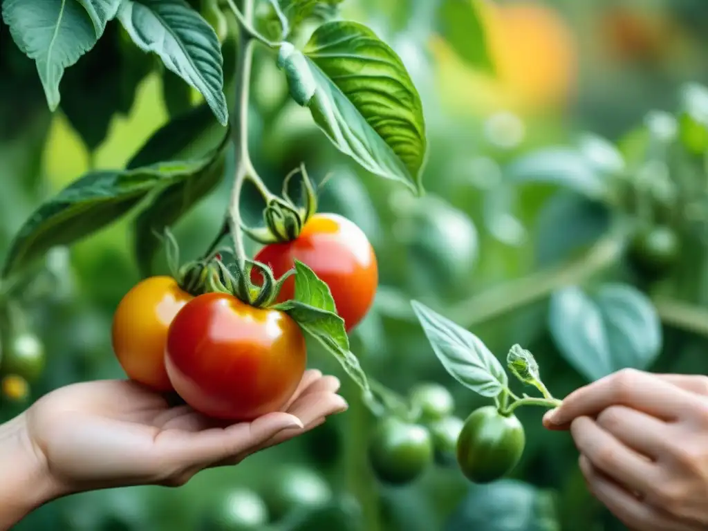 Un jardinero cuidadoso poda tomates en un huerto gourmet en casa