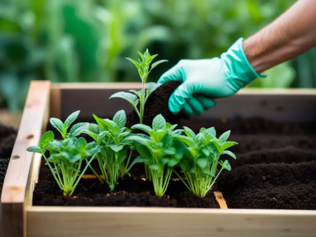 Un jardinero meticuloso preparando la tierra para cultivar hierbas gourmet en casa, con plantas verdes vibrantes al fondo