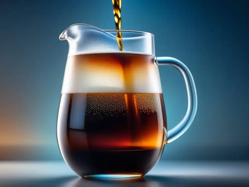 Una jarra de cristal con café Cold Brew oscuro y refrescante, adornada con hielo