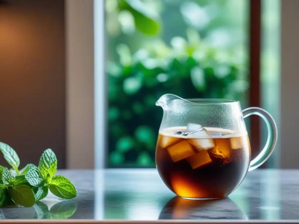 Una jarra de vidrio con café Cold Brew rodeada de granos y hielo en un elegante mostrador de mármol