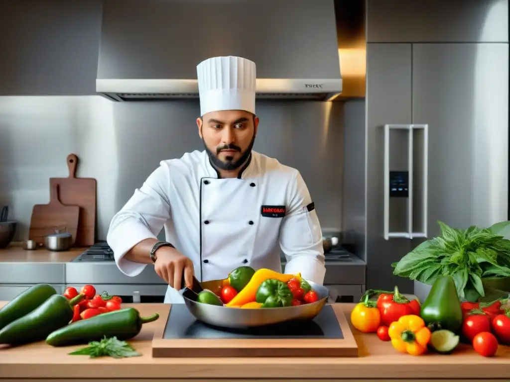 Un joven chef creativo en una cocina moderna, rodeado de ingredientes frescos, cortando un aguacate con destreza