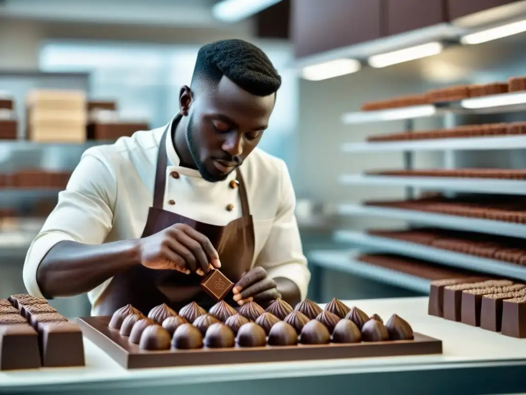 Joven chocolatero artesanal innovando con detalle un escultura de chocolate en taller moderno