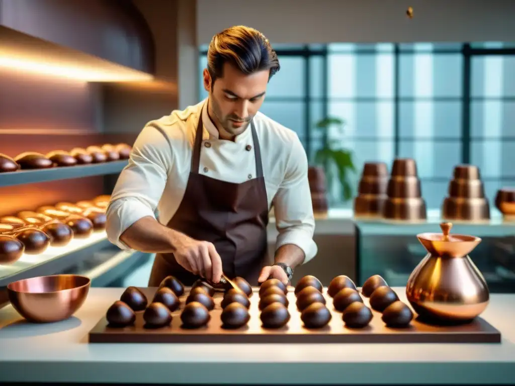 Un joven chocolatero artesanal innovando en su elegante atelier de chocolate, bañado por cálido y dorado resplandor