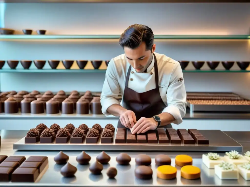 Un joven chocolatero artesanal innovando en un laboratorio de chocolate moderno, con una escultura única en proceso