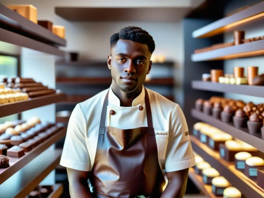 Joven chocolatero artesanal innovando con pasión en su moderno taller de chocolate