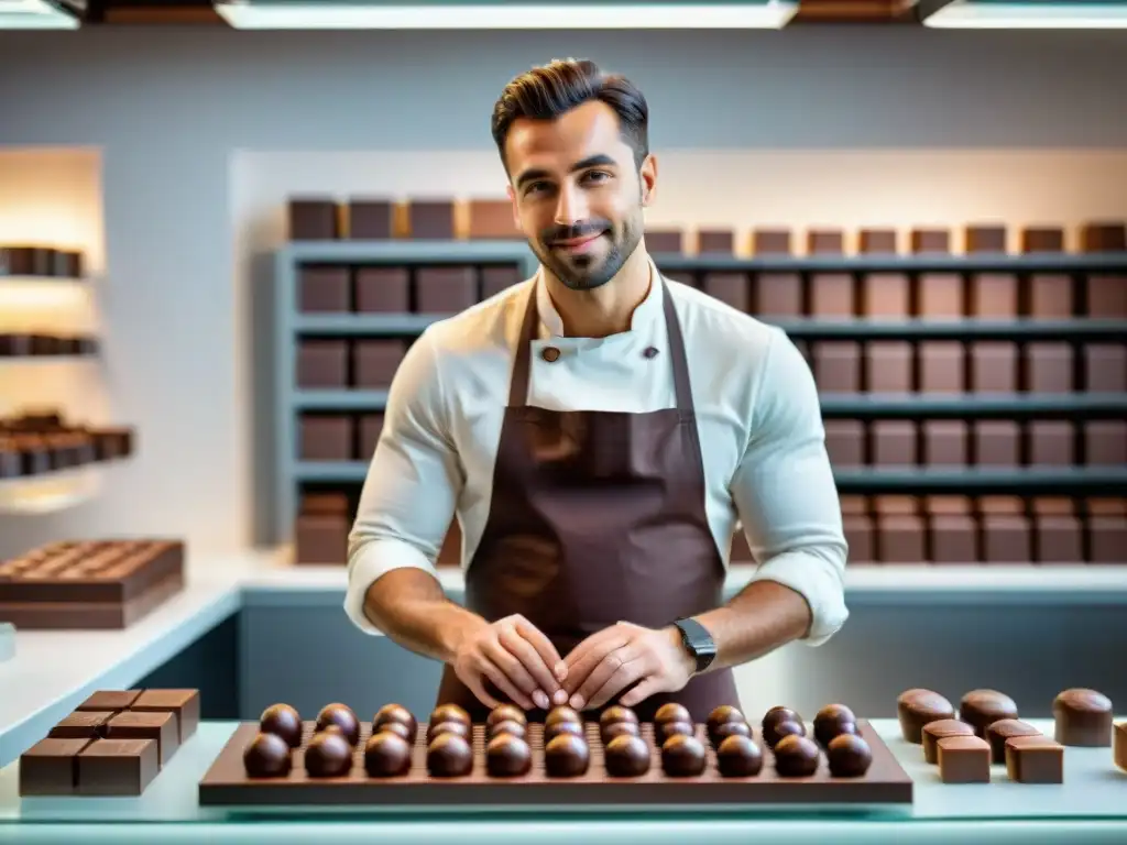 Un joven chocolatero artesanal innovando en su taller de chocolate, rodeado de cacao premium y herramientas de alta tecnología