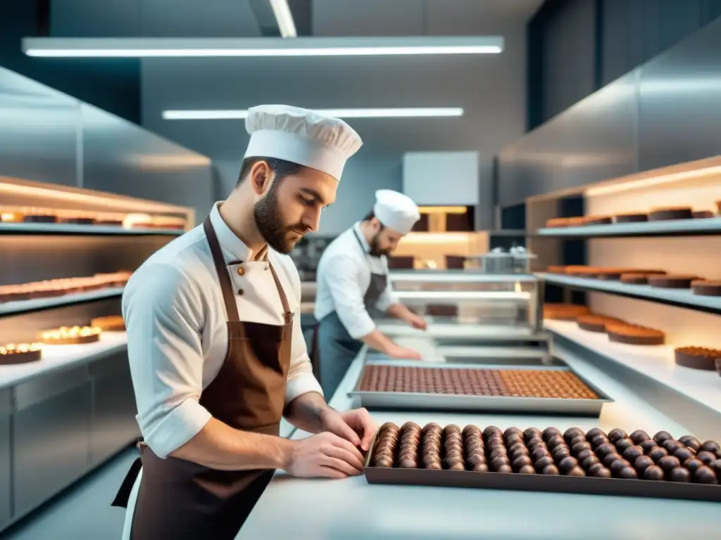 Jóvenes chocolateros artesanales innovando en un laboratorio moderno, creando exquisitos chocolates a mano