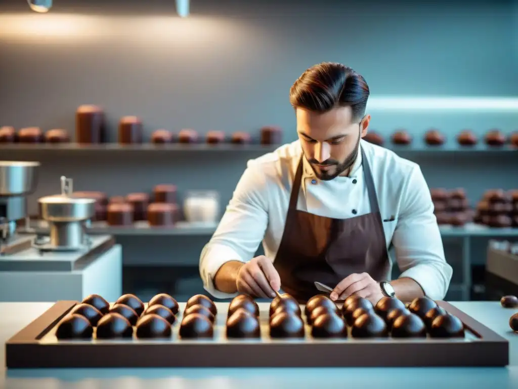 Jóvenes chocolateros artesanales innovando en un taller de chocolate moderno y elegante