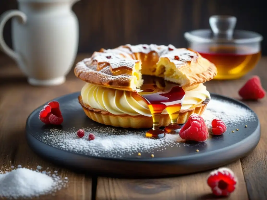 Joya oculta de Bretaña: KouignAmann en plato rústico con frambuesas y miel, deleitando al paladar