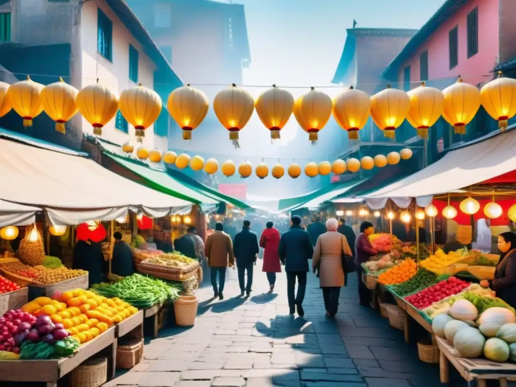 Explora joyas culinarias en mercados locales, vibrantes puestos de frutas, verduras y especias, gente haggling y arquitectura tradicional