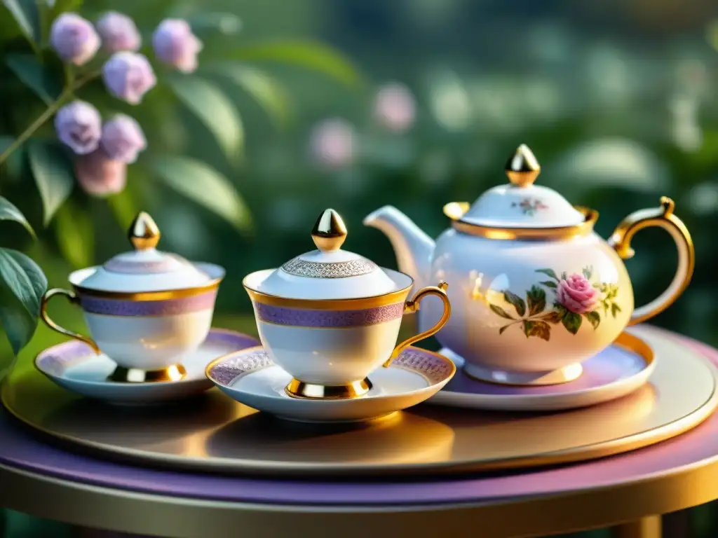 Un juego de té de lujo con detalles dorados y flores pintadas a mano en tazas de porcelana, en un entorno de jardín exuberante