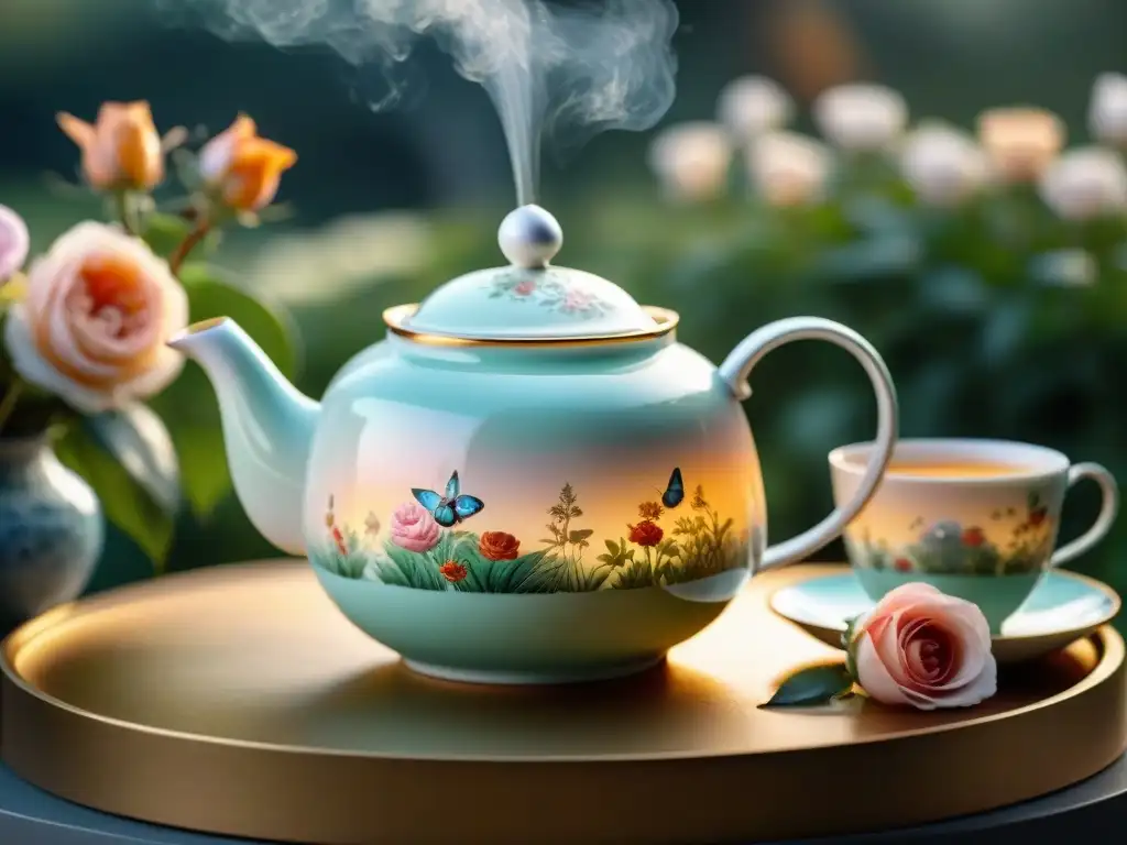 Un juego de té de lujo exquisito con motivos florales en tonos pastel, servido en un jardín soleado con rosas en flor y mariposas revoloteando