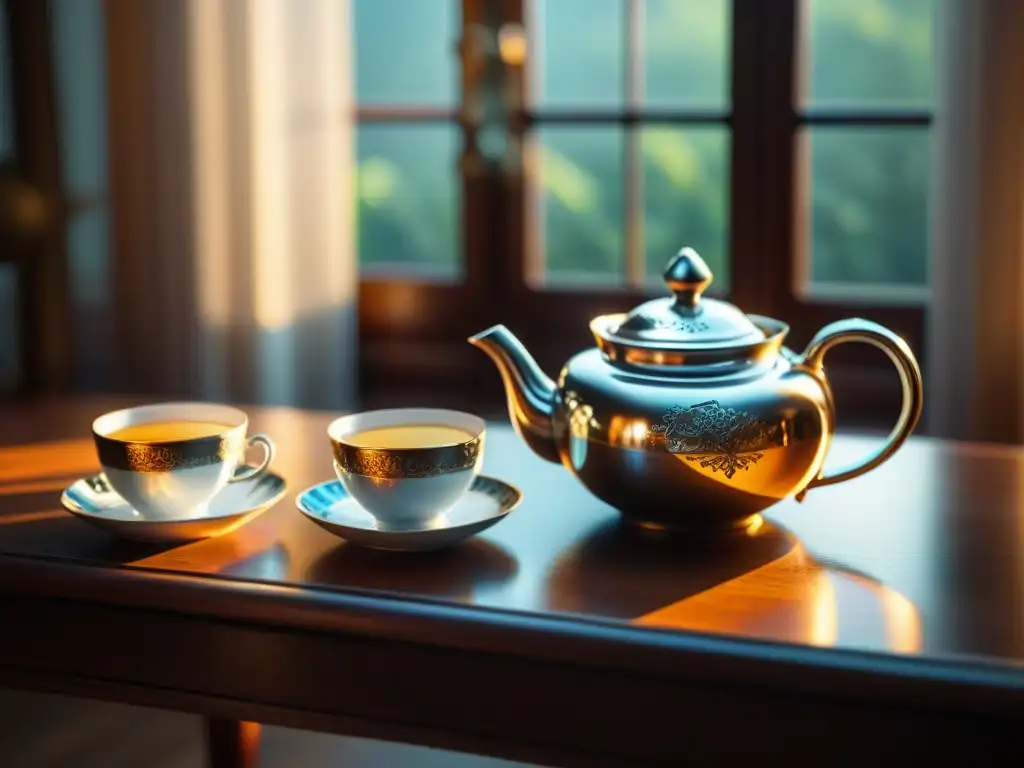 Un juego de té de lujo en plata sobre una mesa elegante, con tazas de porcelana y té en envases ornamentados