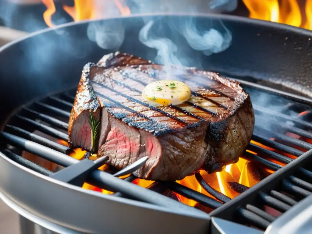 Jugoso filete a la parrilla con mantequilla de hierbas, rodeado de verduras asadas, en escenario de alta cocina al aire libre