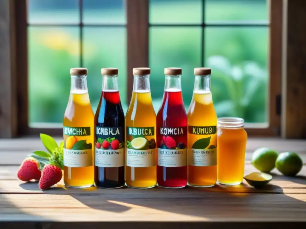 Degustación de kombucha: botellas coloridas con perfiles de sabor complejos en mesa rústica