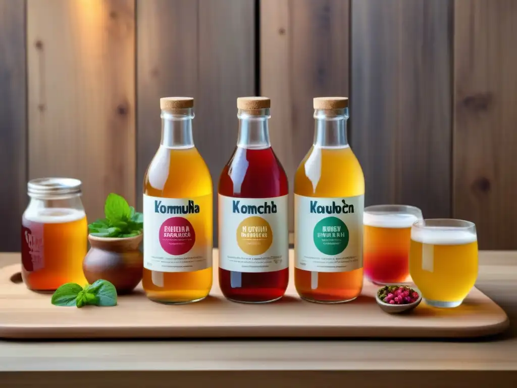 Degustación de Kombucha: botellas y vasos con perfiles de sabor complejos en mesa moderna