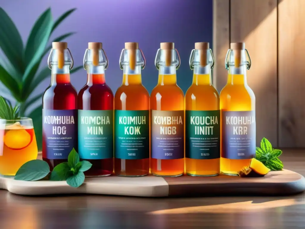 Degustación de Kombucha con perfiles de sabor complejos en botellas y vasos coloridos y elaborados en tabla de madera moderna