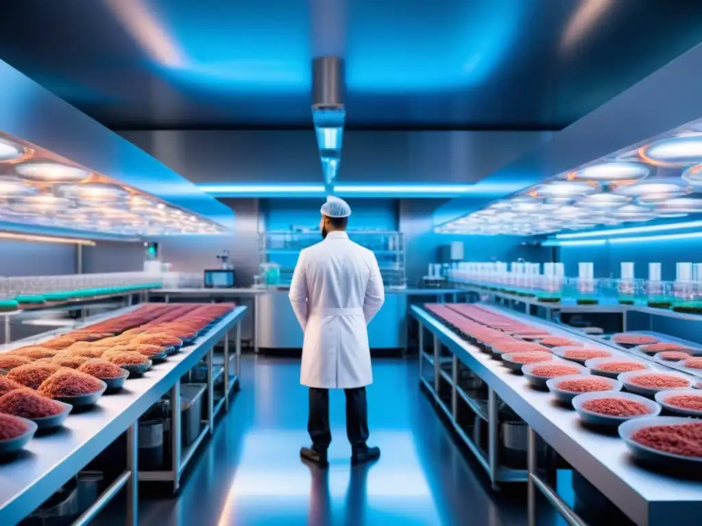 Lab innovador donde científicos cultivan carne en placas Petri, rodeados de bioreactores y equipamiento avanzado