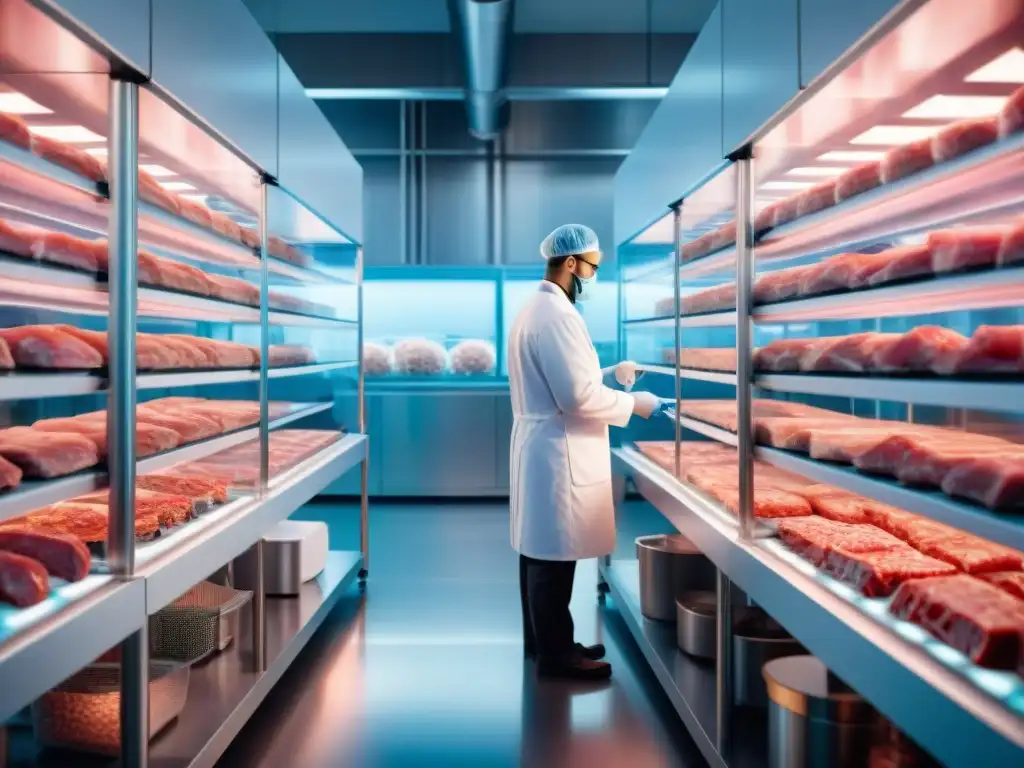 Un laboratorio de alta tecnología para la producción de carne cultivada para gourmet, con científicos en batas blancas y equipos avanzados