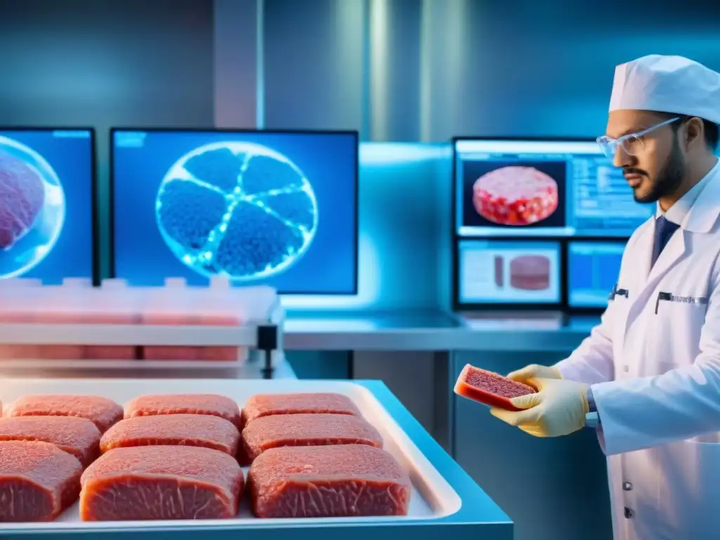 Un laboratorio de alta tecnología produciendo carne cultivada para gourmet, con científicos monitoreando bioreactores