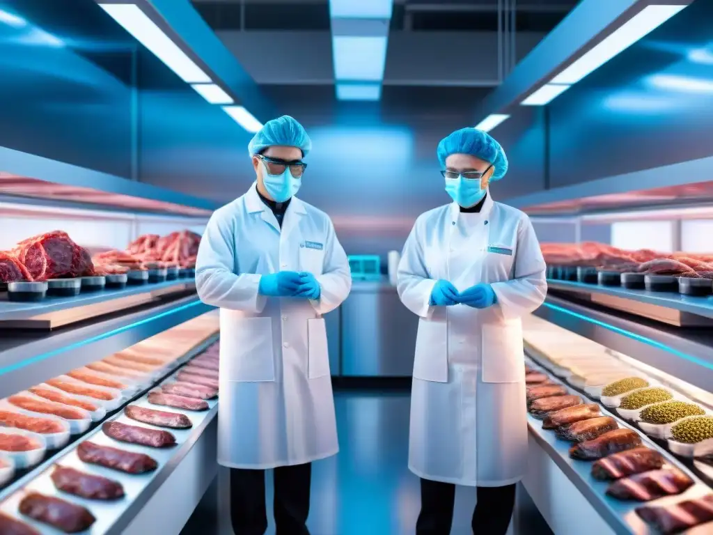 Un laboratorio de alta tecnología con científicos cultivando carne en petri