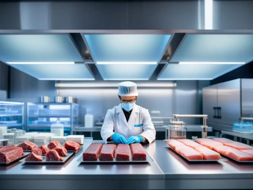 Un laboratorio de alta tecnología con científicos examinando muestras de carne cultivada bajo luces brillantes y estériles