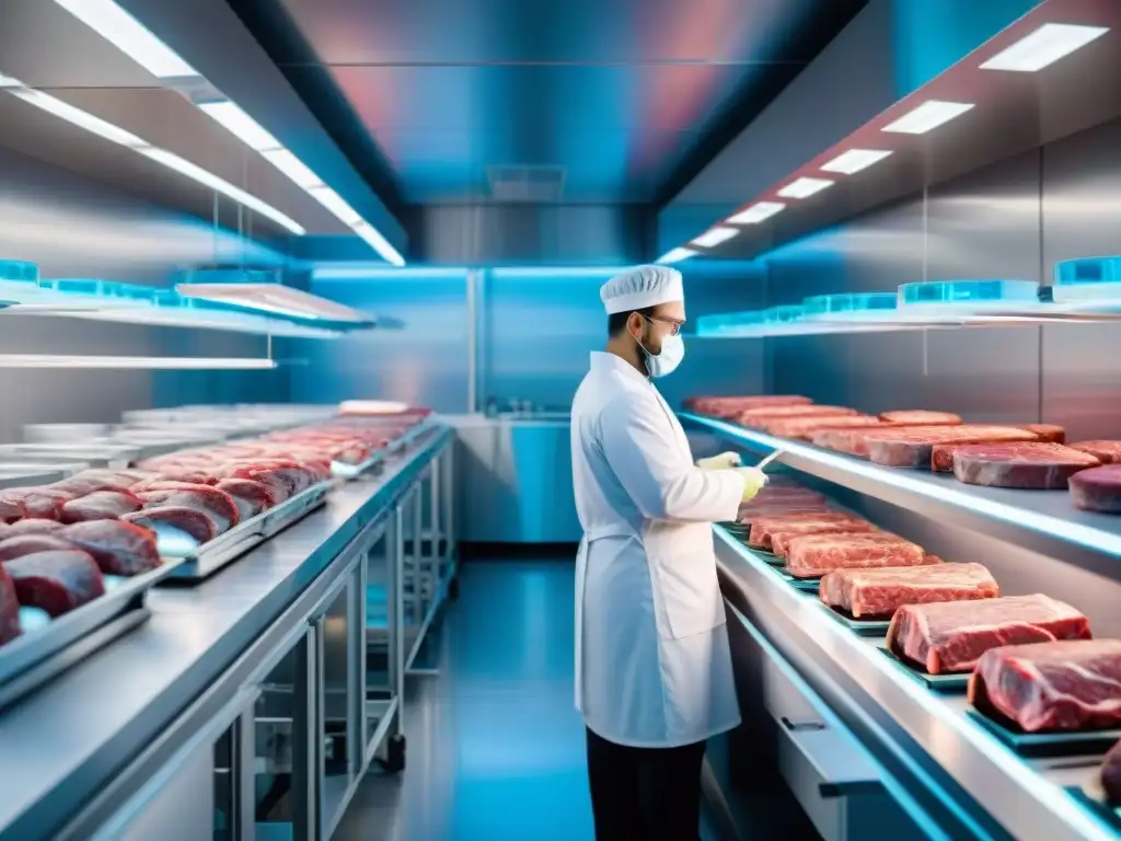 Un laboratorio de carne futurista y sostenible, con tecnología de vanguardia, científicos en batas blancas y bioreactores