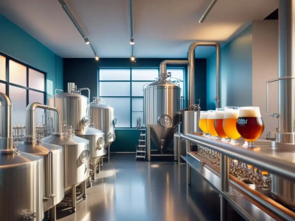 Un laboratorio de cervecería moderno y detallado con científicos y cerveceros desarrollando estilos cerveceros experimentales en auge