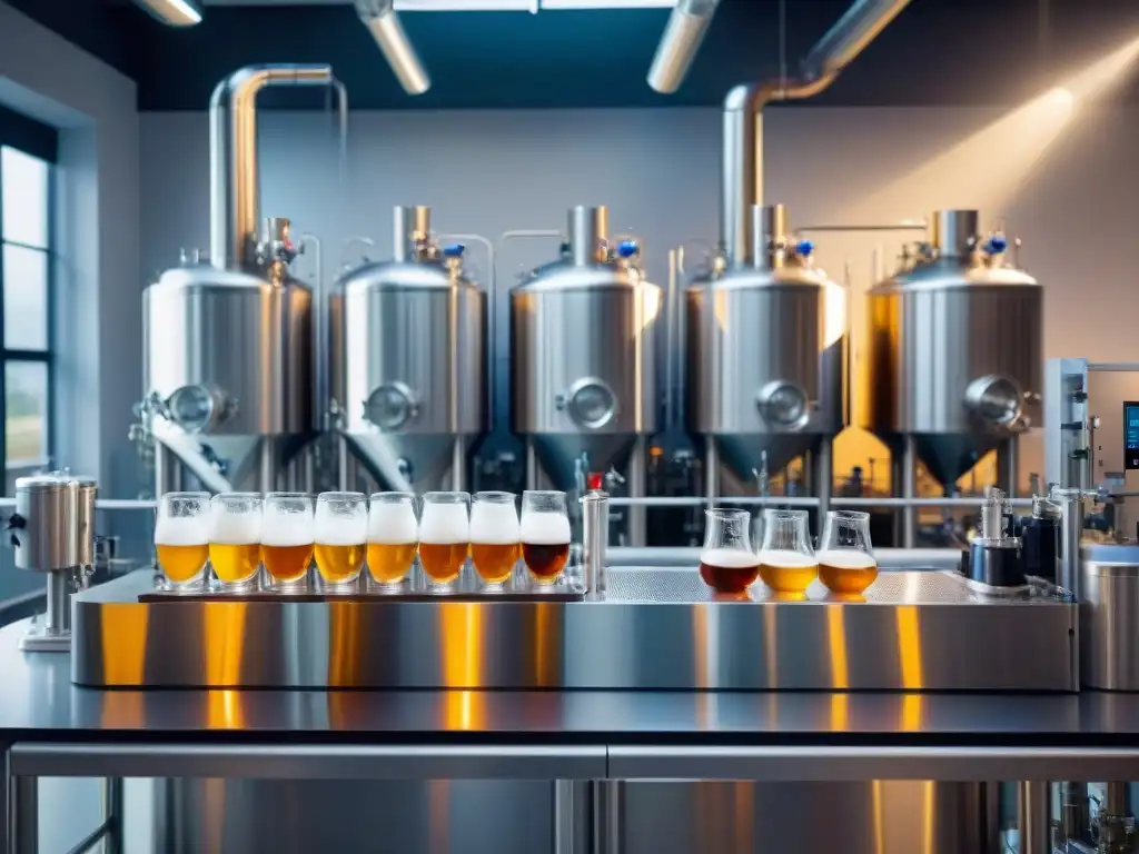 Un laboratorio de cervecería moderno y detallado, con tecnología avanzada y técnicos trabajando en experimentos