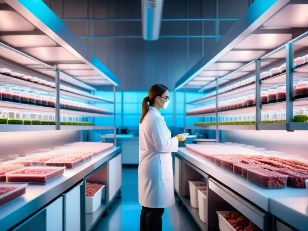 Un laboratorio científico detallado en 8k muestra el proceso de cultivar carne en bioreactores, con científicos en batas blancas y gafas de seguridad