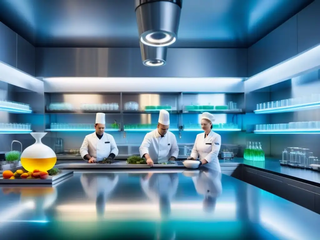 Lab de gastronomía molecular futurista: arte y ciencia en acción Un laboratorio de cocina futurista de gastronomía molecular con chefs y científicos trabajando en innovaciones gastronomía molecular tendencias