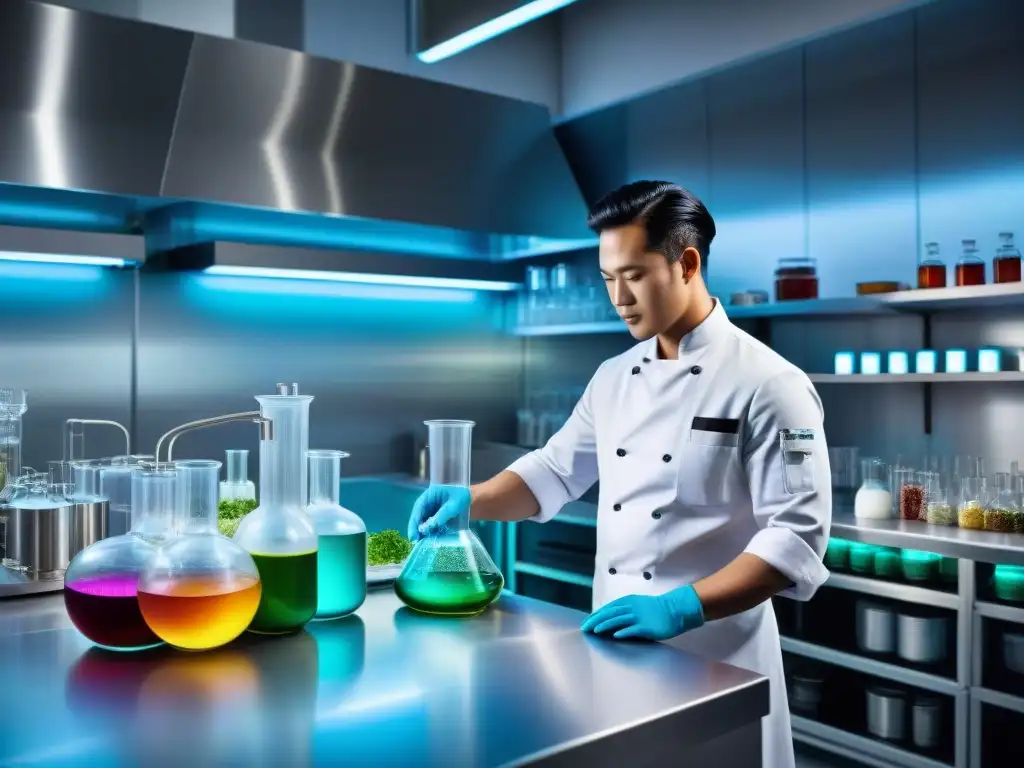 Un laboratorio de cocina molecular moderno y sofisticado, donde la sostenibilidad en gastronomía es clave