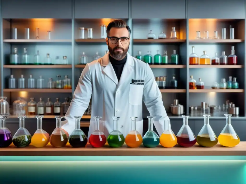 Un laboratorio de coctelería molecular detallado, con ambiente sofisticado y científico