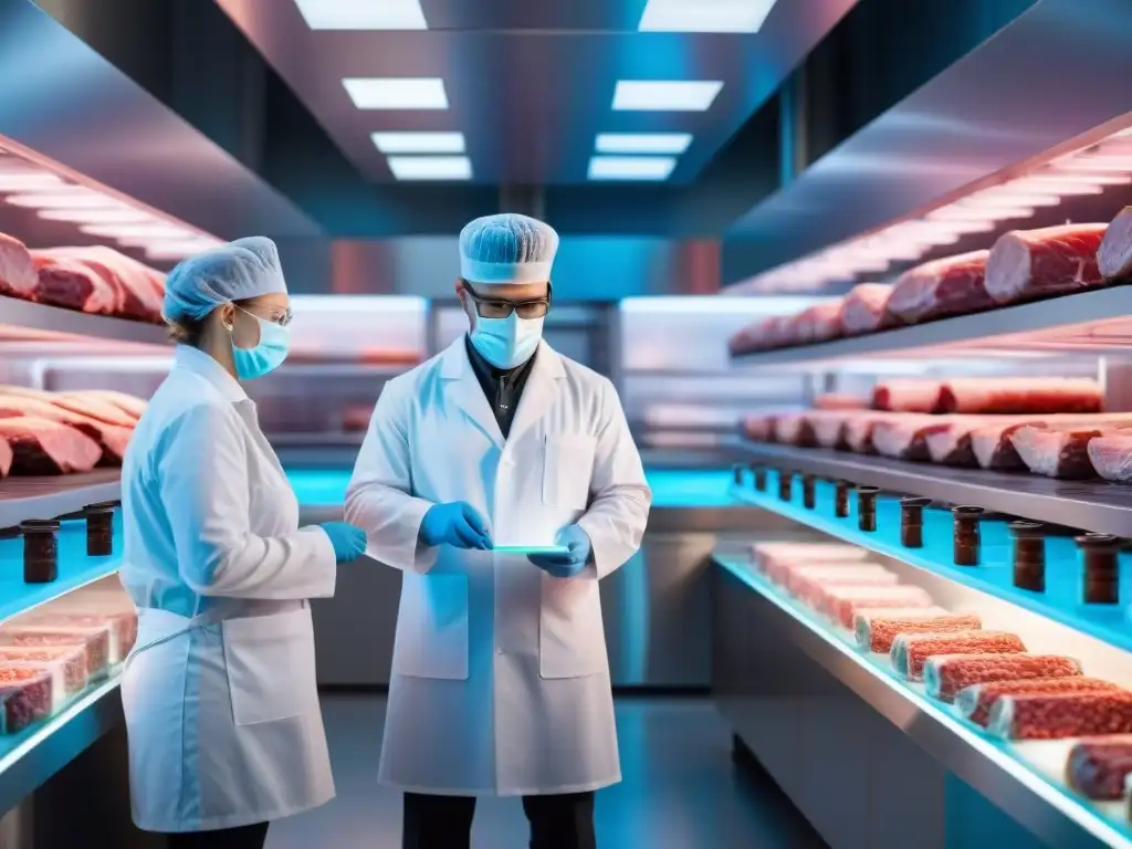 Un laboratorio futurista con bioreactores cultivando carne, científicos supervisando y maquinaria avanzada